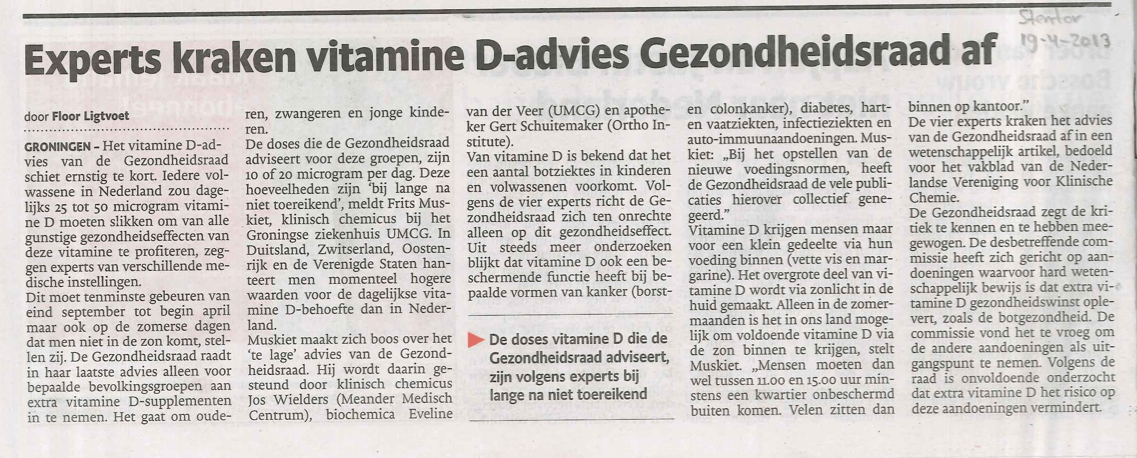 vitamine D-tekort artikel in de Stentor 19 april 2013