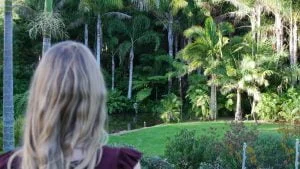 Femke de Grijs kijkt naar palmbomen in Whangarei