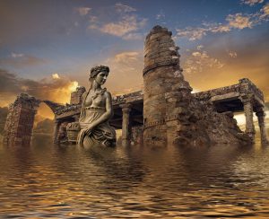 ruïne en beeld van een vrouw boven water