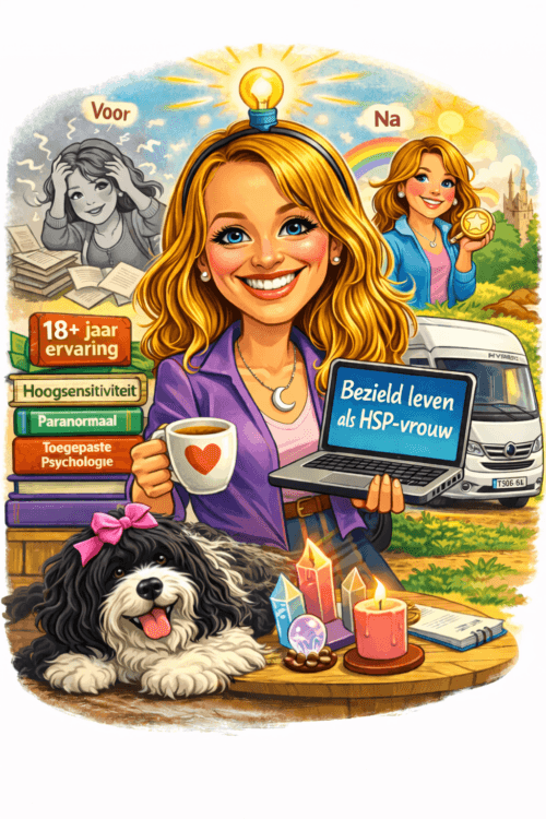 Cartoon: Femke de Grijs met schapendoes voor camper, door AI