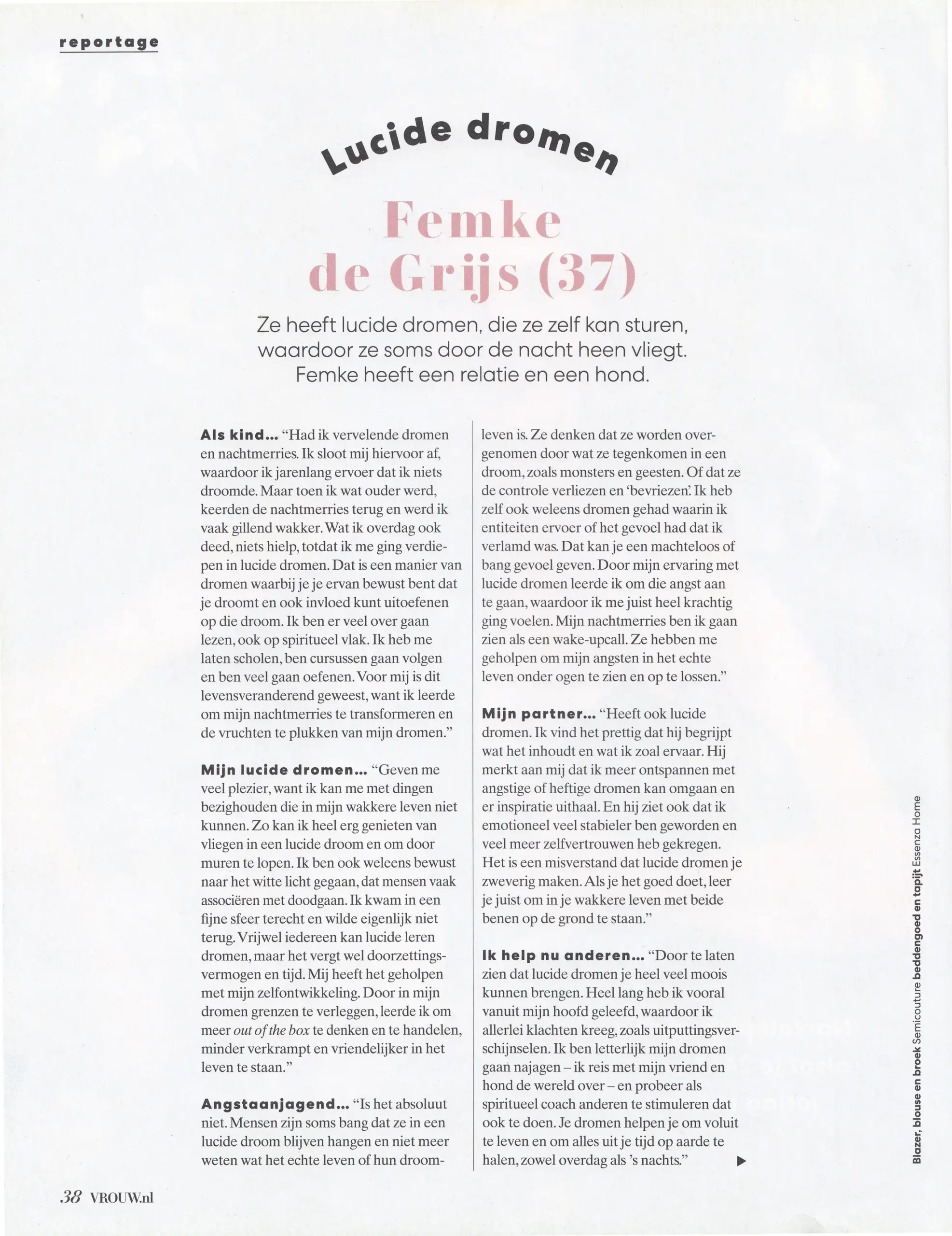 VROUW glossy interviewt Femke de Grijs over lucide dromen